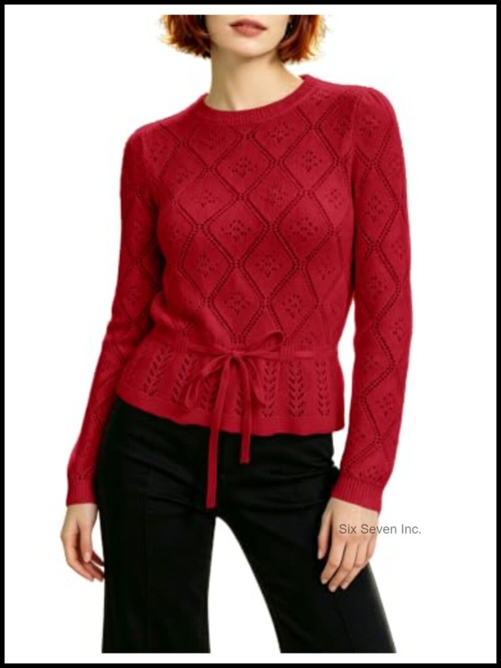 Women Crochet Hollow Out Tie-Waist Knit Pullover Sweater Long Sleeve Crew Neck
